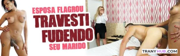 Lia Dotada Fucks a Married Man While His Wife Watches - Brazilian Trans Threesome